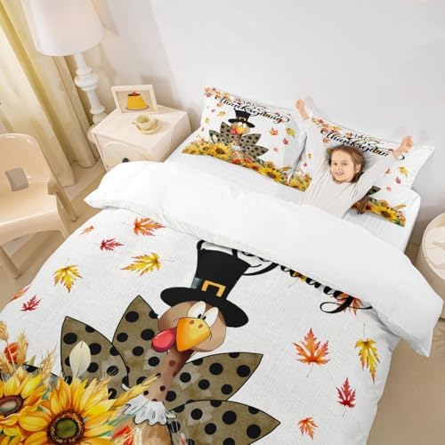Happy Thanksgiving Kids Duvet Cover Set Twin Size,Cartoon Turkey Sunflowers Bedding Set,Girls Boys Adults Room/Cabin Decor,Fall Maple Leaves Comforter Cover,Rustic Farm Quilt Cover,1 Pillowcase - Image 3