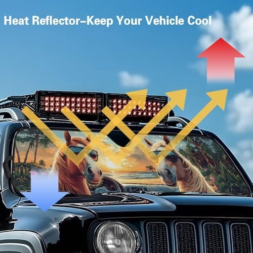 Renewold Automotive Windshield Sunshade, Foldable Car Front Window Sun Shade, Blocks Heat UV Rays Sunlight Sun Visor, Keep Cool Shield Cover, Funny Horse Driving, for Jeep Wrangler JK JL Gladiator JT