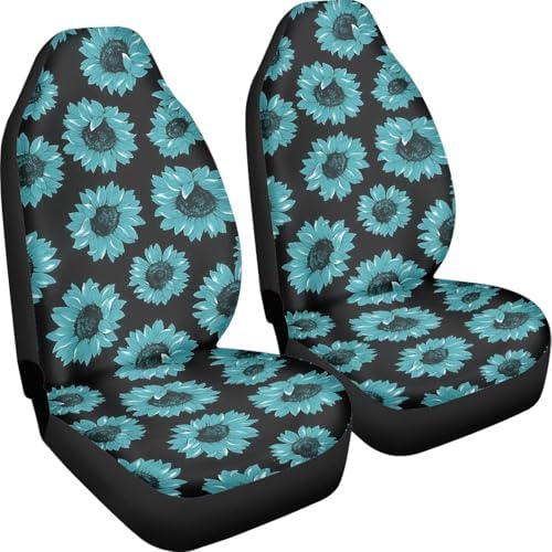 Black Green Sunflower Print Car Seat Cover Colorful Cute Print Front Seat Covers 2 pcs, Vehicle Seat Protector Car Mat Covers, Fit Most Vehicle, Cars, Sedan, Truck, SUV, Van
