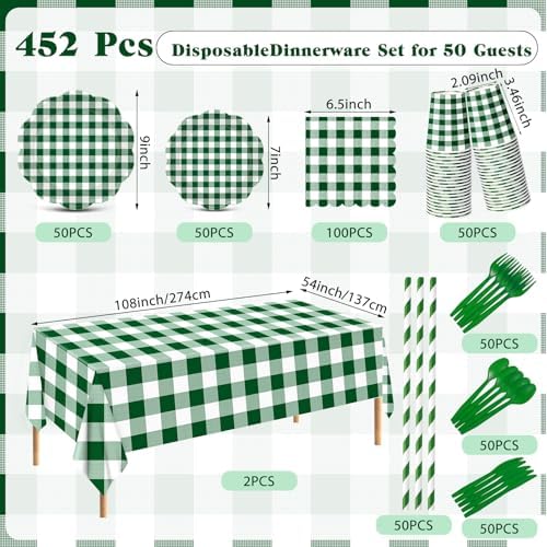 Funnymoom 452 Pcs Green Gingham Party Supplies for 50, Dark Green Plaid Checkered Paper Plates Napkins Cups Tablecloth Cutlery Straws for Holiday Birthday Baby Shower Party Decoration - Image 3