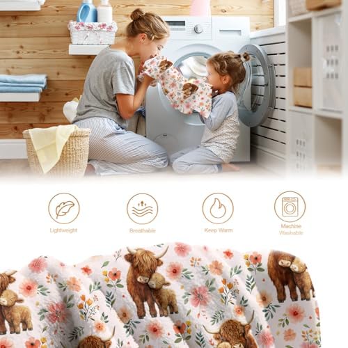 Highland Cattle Floral Blanket Flower Gifts for Women Girls Adults Kids Men Boys Birthday Christmas Halloween Easter Wife Mom Girlfriend Dad Son Husband Spring Throw Blanket 60"x80" - Image 6