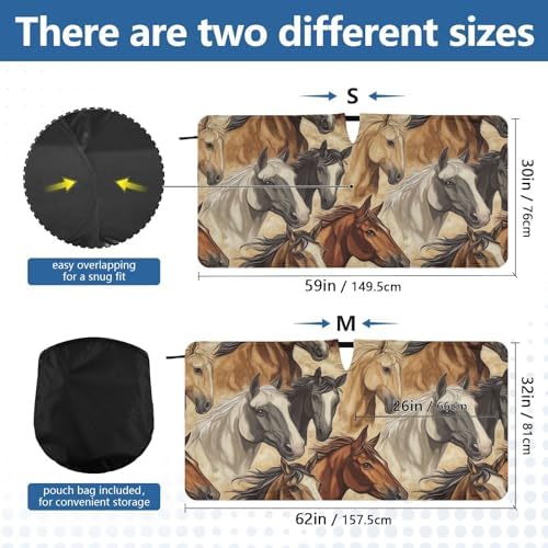 Windshield Sun Shade Horses Animals Car Sunshade for Auto Truck SUV, Sun Shield that Keeps Your Vehicle Cool, Foldable, Storage Bag 62 x 32 in