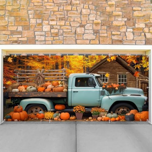 Fall Thanksgiving Garage Door Cover Decorations Backdrop Banner,7x16ft Large Hanging 2 Car Garage Door Cover,Autumn Maple Forest Pumpkin Truck Backdrop Wall Decor for Outdoor Holiday Decorations - Image 6