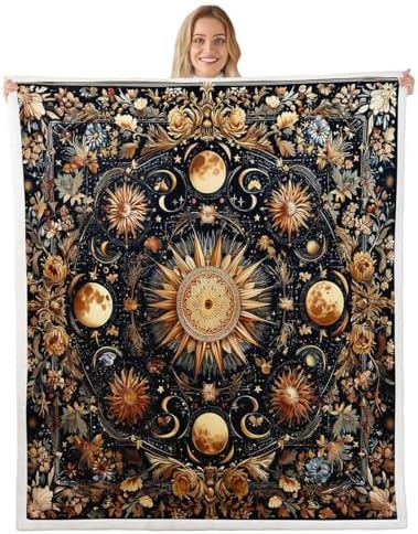 Sun and Moon Throw Blanket Mysterious Starry Galaxy Fleece Flannel Blankets Kids Boys Girls Room Decor Retro Flowers Plant Bed Blankets for Bed Sofa Couch Black Gold Orange Plush Blanket Twin 60"x80" by CastleFairy