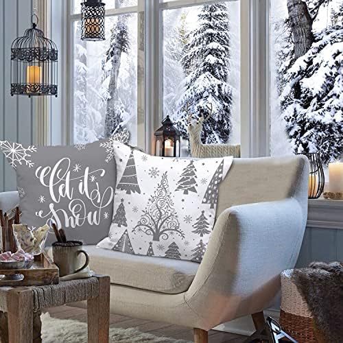 Lanpn White and Grey Christmas Throw Pillow Covers 22x22 Set of 4, Decorative 22 inch Gray Winter Snowflake Xmas Cushion Covers Pillow Cases for Home Bedroom Room Holiday Couch Decor Decorations - Image 2