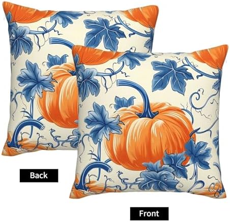 KiuLoam Blue and Orange Fall Pillow Covers 16x16 Inch Set of 2, Fall Decor Pumpkin Leaf Autumn Print Decorative Throw Pillows, Rustic Farmhouse Style Cushion Covers for Sofa Couch Bed Home Decor - Image 3