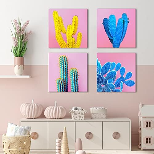 Cactus Wall Decor Bathroom Tropical Succulent Wall Art Boho Western Botanical Pictures for Living Room Bedroom Mexican Plant Canvas Prints Country Desert Flower Paintings Home Decoration 16x16”4Pcs - Image 2