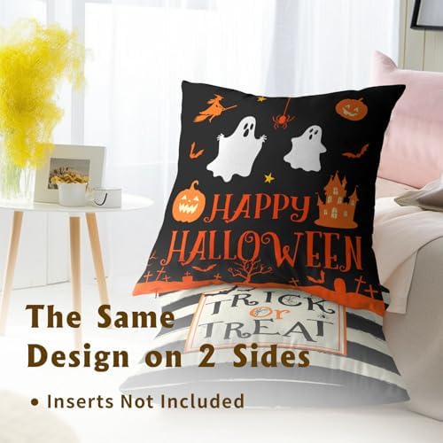 Happy Halloween Ghost Castle Pumpkin Throw Pillow Covers 18X18 Inches Set of 2 Trick or Treat Black and White Stripe Pillowcase Soft Cotton Square Cushion Covers for Home Sofa Bedroom Decoration - Image 5