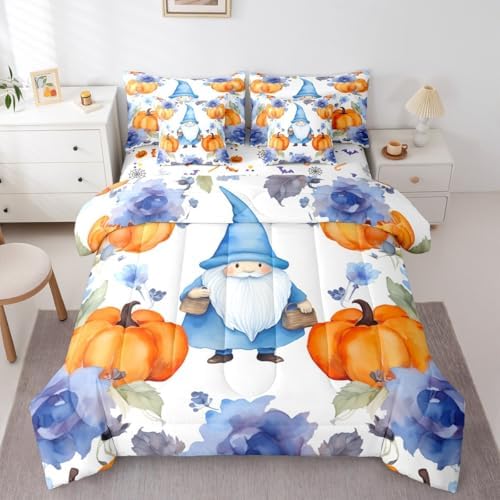 Scandinavian Gnome King Comforter Set 7 Pieces,Bed in a Bag King,Thanksgiving Pumpkin Blue Ink Flowers Bedding Set with Christmas Santa Dwarf Fall Comforter,Flat Sheet,Fitted Sheet,Pillowcasess by Erosebridal