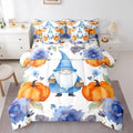 Scandinavian Gnome King Comforter Set 7 Pieces,Bed in a Bag King,Thanksgiving Pumpkin Blue Ink Flowers Bedding Set with Christmas Santa Dwarf Fall Comforter,Flat Sheet,Fitted Sheet,Pillowcasess by Erosebridal