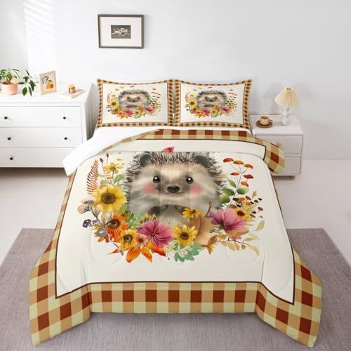 Homewish Cute Hedgehog Sunflower Comforter Set Queen Size,Fall Pumpkin Grid Bedding 3pcs for Kids Teens Adults Room Decor,Rustic Farmhouse Plants Quilt Halloween Style Duvet Insert,Yellow Fall06 - Image 5