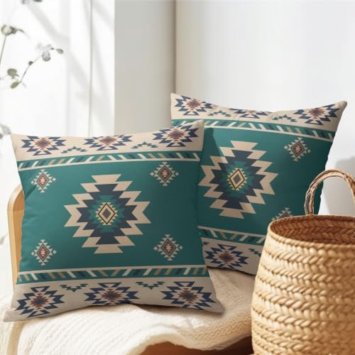 Sweetshow Western Native American Throw Pillow Covers 24x24 Inch Turquoise Blue Aztec Southwest Decorative Pillow Cases for Couch Set of 2 Linen Cushion Cover for Couch Sofa Patio Bedroom Livingroom - Image 5