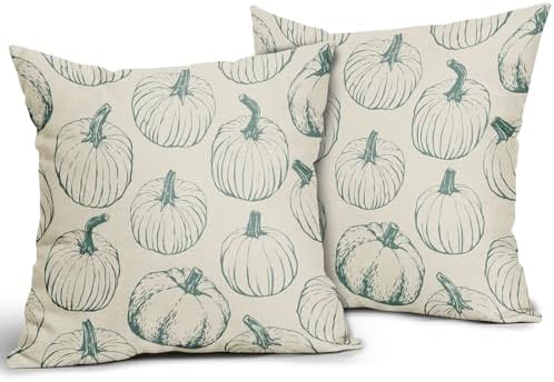 Light Blue Pumpkin Fall Pillow Covers 16x16 Set of 2 Autumn Themed Thanksgiving Harvest Print Decorative Throw Pillows Outdoor Farmhouse Pillowcases Cushion Case Seasonal Decor for Couch Sofa Bed - Image 2
