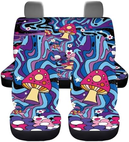 Trippy Mushroom Car Accessories Colorful Wavy Swirl Daisy Groovy Hippy Floral Print Car Front & Rear Seat Covers for Women 70s 80s Flower Aesthetic Auto Split Bench Protector Covers 4pcs