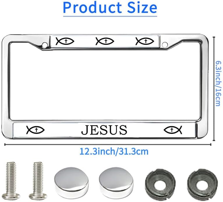 Jesus Fish Faith License Plate Frame Christian Faith Gift License Plate Frame Cross and Fish Scratch-Resistant License Plate Frame with Chrome Mounting Set