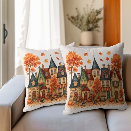 Fall Fairy Tale Cottage Pillow Covers 22x22 Set of 2 Thanksgiving Orange Pumpkin Maple Leaves Outdoor Throw Pillows Covers Black Cat Decorative Farmhouse Cushion Case for Room Couch Sofa - Image 3