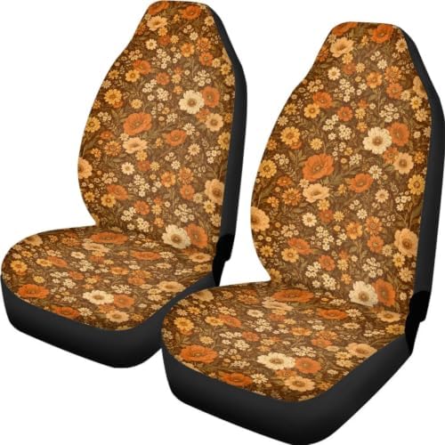 Talayituse Vintage Brown Floral Print Car Seat Cover for Front Seats, Stretchy Soft Vehicles Seat Cover Universal Fit High Back Car Interior Accessories for SUV Van Sedan