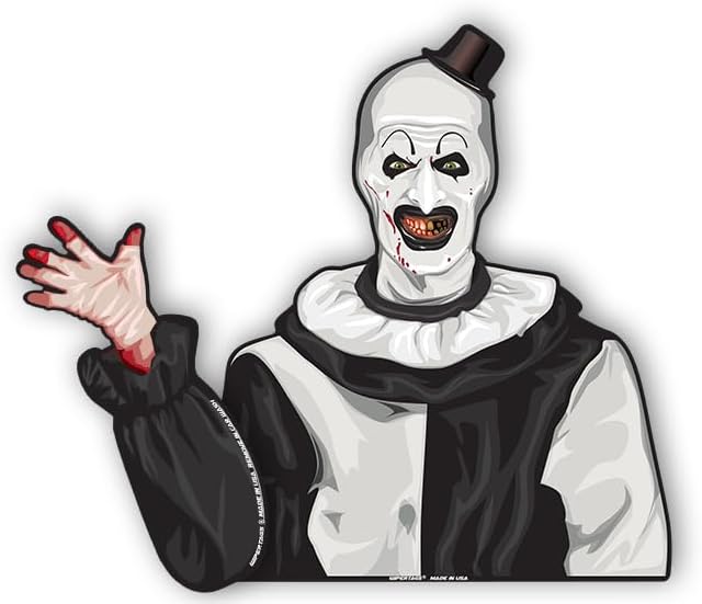 Terrifying Killer Clown Waving Arm WiperTags with Laminated Window Decal attaches to Rear Vehicle Wiper Accessory. All Weather Resistant and UV Protected. Quality Made in USA.