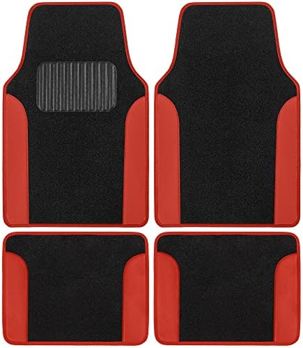 BDK Carpet Floor Mats for Cars, Two-Tone Carpet Car Mat with Faux Leather Accents, Automotive Floor Mat Sets with Built-in Heel Pad, Stylish Interior Car Accessories Red