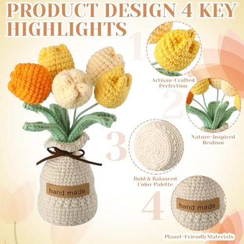 Suncalla 4 Sets Crochet Knitting Tulip Bouquet with Vase 7" - Image 4