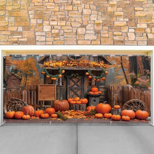Fall Thanksgiving Decor, Forest Pumpkin Cabin Backdrop - 2 Car Garage Hanging Banner, Autumn Outdoor Holiday Decorations 7x16ft - Image 4