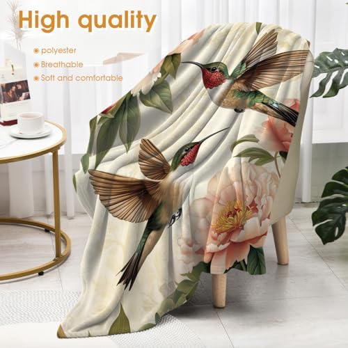 Hummingbird Floral Blanket Gifts for Women Girls,Pink Peony Flower and Birds Vintage Throw Blankets for Bed Living Room Sofa Couch Valentines Day Decor 50"x60" - Image 4