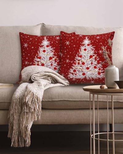 JasmineM Merry Christmas Tree Pillow Covers 20x20 Inch Set of 2, Red Snowflakes Decorations Outdoor Throw Pillow Covers, Winter Holiday Square Pillowcases for Patio Sofa Couch Bedroom Decorative - Image 2