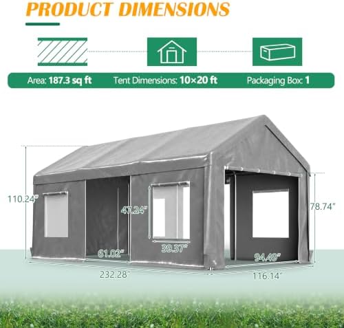 KEIKI 10x20 FT Heavy Duty Carport Canopy, Portable Outdoor Garage,Gray - Image 2