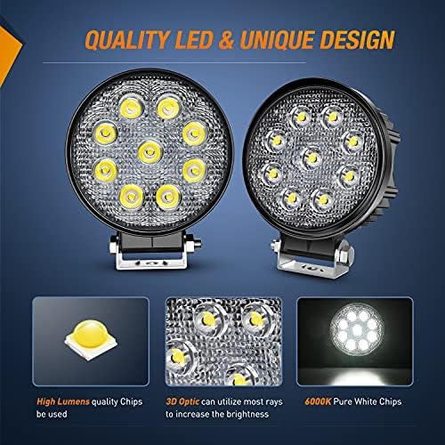 Nilight 2PCS 27W Round Flood Driving Lamp Waterproof Jeep Off Road Fog Lights with Off Road Wiring Harness- 2 Leads