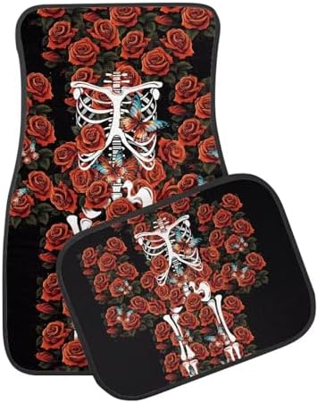 Black Red Rose White Skeleton Print Funny Halloween Car Floor Mats 4 PCS, Cute Durable Interior Accessories for Car SUV, All Weather Floor Mats with Front Rear Trunk Liners Set for Party