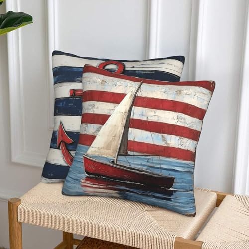 Striped Nautical Throw Pillow Covers 18x18 inch Set of 2 Boat Anchor Pillow Case Cushion Cover for Home Sofa Couch Living Room Car Decor - Image 4