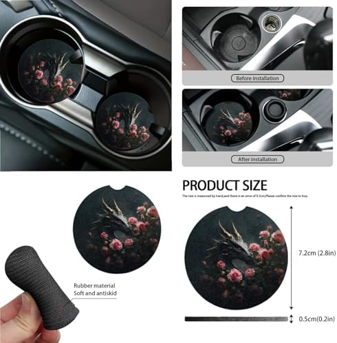 Cool Dragon Roses Print 15Pcs Car Seat Cover Full Set Car Steering Wheel Cover Seat Belt Cover Trash Bin Air Vent Storage Box Front Rear View Mirror Car Cup Holder Keychain