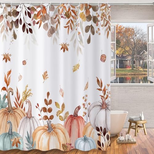 Fall Pumpkin Shower Curtain, Colorful Watercolor Autumn Pumpkins Maple Falling Leaves Thanksgiving Day Harvest Bathroom Curtain Waterproof Fabric Machine Washable with Hooks, 60" Wx72 L - Image 3