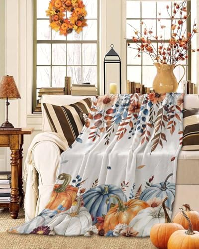 DecorLovee Orange Blue Pumpkins Fall Blanket 50"x80", Reversible Thanksgiving Throw Blanket for Couch/Bed, Floral Botanical Lightweight Soft Throw Blankets for Adult, Warm Fuzzy Blankets for Winter - Image 2