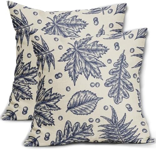 Navy Blue Fall Pillow Covers 16x16 Set of 2 Cream Maple Leaf Print Autumn Colored Harvest Decorative Outdoor Pillowcases Farmhouse Seasonal Throw Cushion Case Decor for Home Couch Sofa Bed by Aytipun