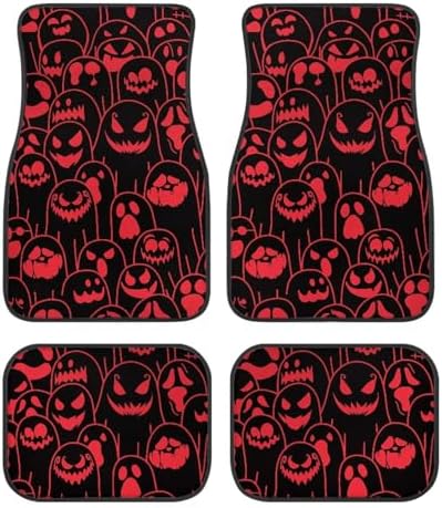 Red Black Ghost Print Funny Halloween Car Floor Mats 4 PCS, Cute Durable Interior Accessories for Car SUV, All Weather Floor Mats with Front Rear Trunk Liners Set for Party