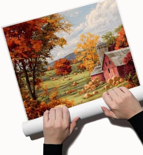 Autumn Farmhouse Wall Art – Rustic Red Barn Landscape with Pumpkins, Fall Harvest Canvas Print for Country Living Room or Seasonal Decor Display 24x36in Unframed - Image 3