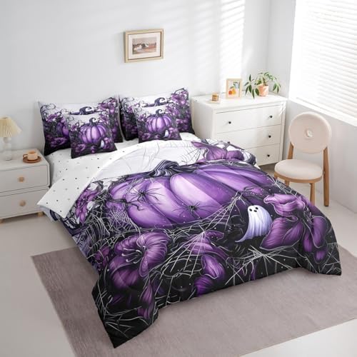 Erosebridal Kids Purple Pumpkin Queen Bed in A Bag 7 Piece Halloween Spooky Ghost Bedding Set Gothic Spider Web Comforter Set for Boys Girls Adults,Halloween Horror Sheet Set with Comforter - Image 3