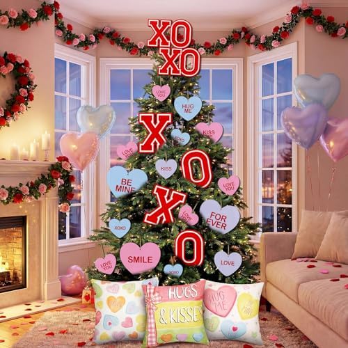 HunnmingRe 17 Pcs Valentines Day Conversation Hearts Tree Ornament Extra Large Sweet Candy Conversation Heart Tree Ornaments Be Mine Kiss Me Love Forever Heart Cut Outs for Valentine Home Decor by HunnmingRe