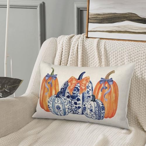 Fall Pillow Covers 12x20 Set of 2 Chinoiserie Blue and Orange Pumpkin Throw Pillows Grandmillennial Autumn Thanksgiving Decoration Pillow Cases Outdoor Fall Decor Cushion Case for Sofa Home - Image 5