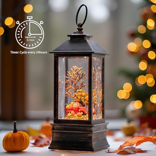 Fall Snow Globe Lantern Thanksgiving Glittering Lighted Lantern, Fall Harvest Day Decorations Gifts, Home Fall Halloween Decor (Pumpkins &Truck) - Image 3