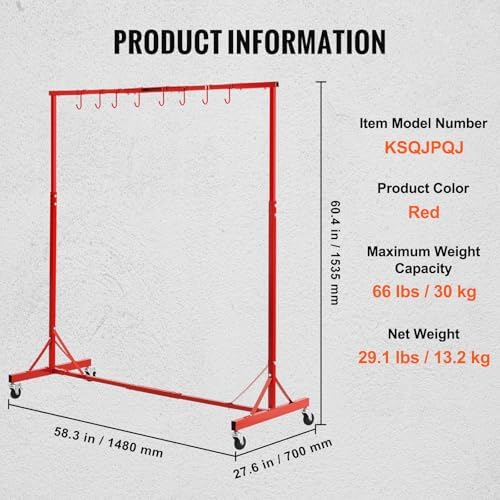VEVOR Painting Rack, 5 ft-7 ft Adjustable Height, 66 lbs Capacity Automotive Paint Stand, 8 Hooks Drying Rack With 4 Swiveling Wheels, Auto Body Stand for Repair Shops & Garage - Image 7