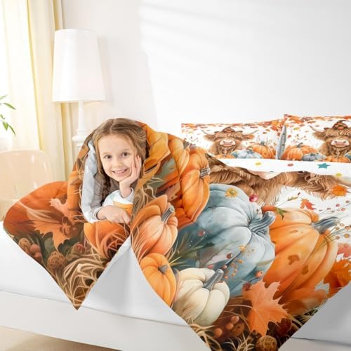 Feelyou Fall Bedding Set for Girls Boys Kids Toddler Size Maple Leaves Pumpkin Comforter Cover Room Decor Highland Cow Duvet Cover Orange White Quilt Set - Image 6