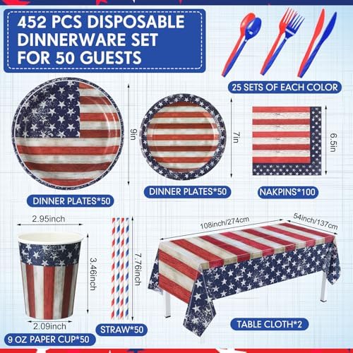 Funnymoom 452 Pcs Patriotic Paper Plates Napkins Party Supplies, Serves 50 - Image 2