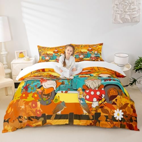 Autumn Pumpkin Kids Duvet Cover Set Full Size,Cute Gnomes Truck Harvest Bedding Set,Girls Boys Adults Room/Cabin Decor,Fall Maple Leaves Comforter Cover,Colorful Bright Quilt Cover,2 Pillowcases by Manfei
