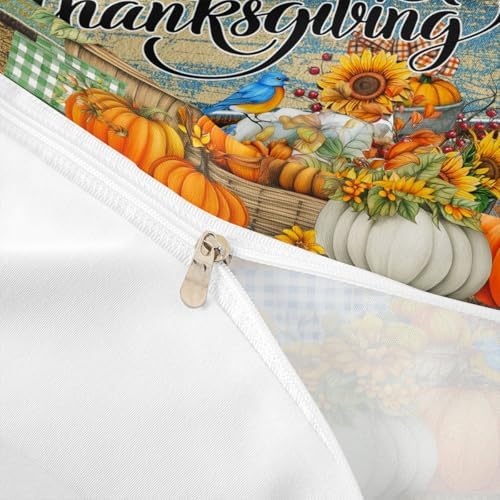Happy Thanksgiving Kids Duvet Cover Set Twin Size,Fall Sunflowers Pumpkin Bedding Set,Girls Boys Adults Room/Cabin Decor,Vintage Wooden Plank Autumn Comforter Cover,Rustic Quilt Cover,1 Pillowcase - Image 6
