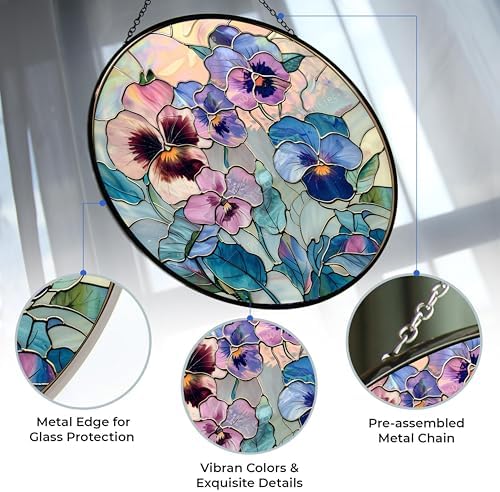 Pansies Suncatchers for Windows,12” Stained Glass Window Hangings,Hand-Painted Glass Panel Perfect for Home Décor - Image 2
