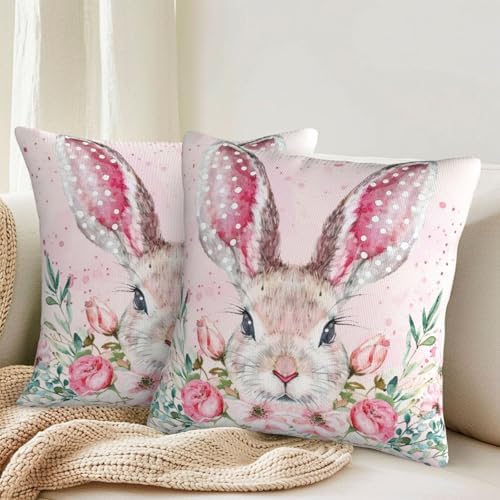 KiuLoam Easter Bunny Pillow Covers 20x20 Inch Set of 2, Pink Floral Leaf Rustic Farmhouse Decorative Throw Pillows, Easter Spring Outdoor Square Cushion Cases for Sofa Couch Bed Home Decor - Image 2