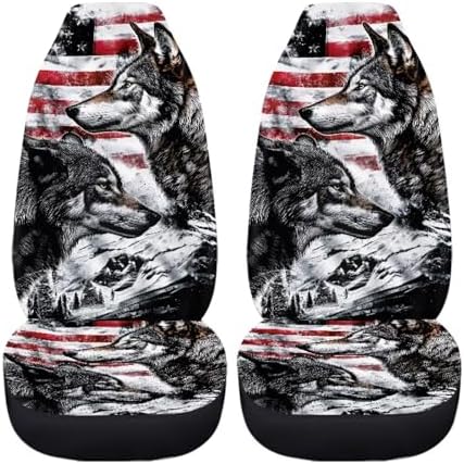 American Flag Front Car Seat Covers Set of 2, Grey Wolf Print Breathable Decorative Seat Protectors, Easy Install Stretch Fit for SUV Sedan Truck