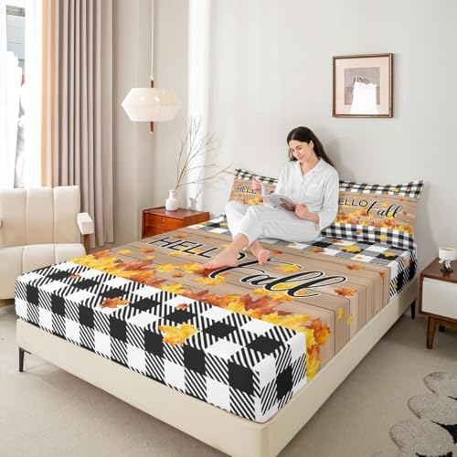 Fall Thanksgiving Fitted Sheet Twin Autumn Harvest Seasonal Bed Sheets Gifts For Kids Teen Adults,Black White Buffalo Plaid Checkered Bedding Set Rustic Farmhouse Sheet Set Brown With 1 Pillow Case - Image 7